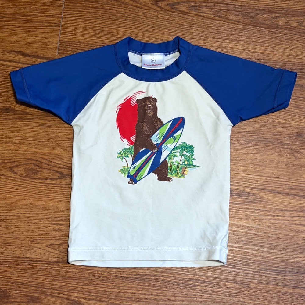 Hanna Andersson Kids Bear Surfing Rash Guard Blue White Size 90 Swim Shirt